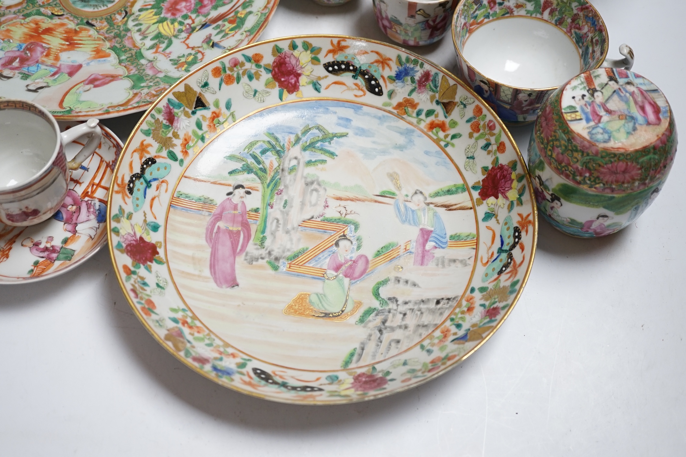 Chinese famille rose porcelain including plates, cups, saucers and a figure, 18th and 19th century, largest 27cm diameter